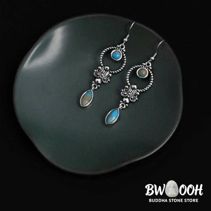 Buddha Stones 925 Sterling Silver Vintage Turquoise Waterdrop Pattern Balance Drop Dangle Earrings - Earrings