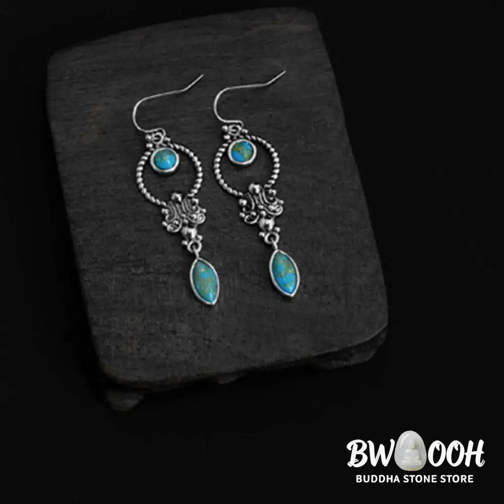 Buddha Stones 925 Sterling Silver Vintage Turquoise Waterdrop Pattern Balance Drop Dangle Earrings - Earrings