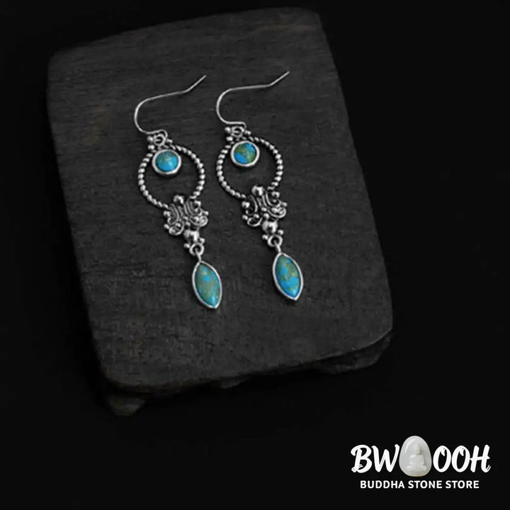 Buddha Stones 925 Sterling Silver Vintage Turquoise Waterdrop Pattern Balance Drop Dangle Earrings - Earrings