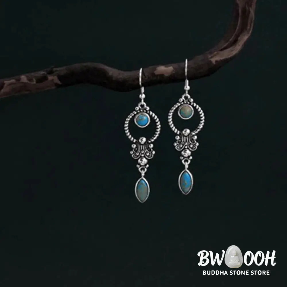 Buddha Stones 925 Sterling Silver Vintage Turquoise Waterdrop Pattern Balance Drop Dangle Earrings - Earrings