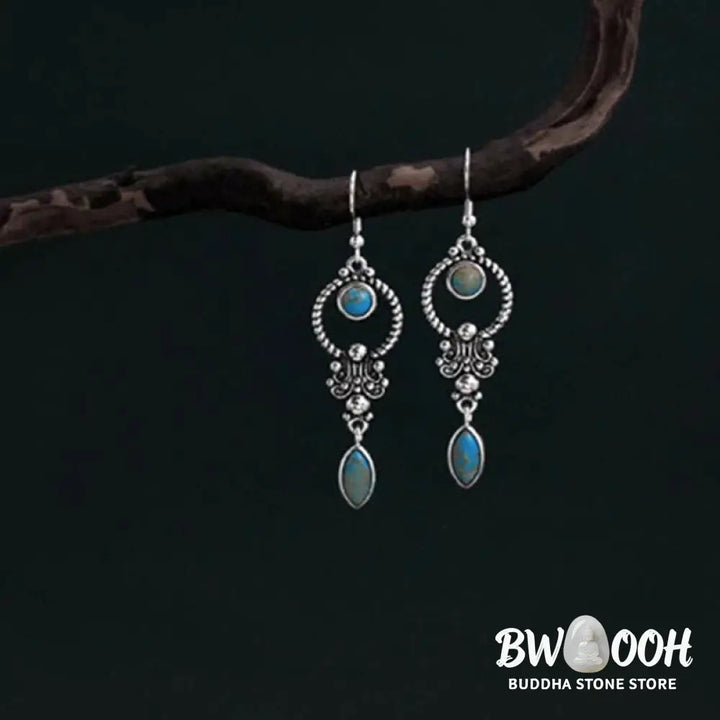 Buddha Stones 925 Sterling Silver Vintage Turquoise Waterdrop Pattern Balance Drop Dangle Earrings - Earrings