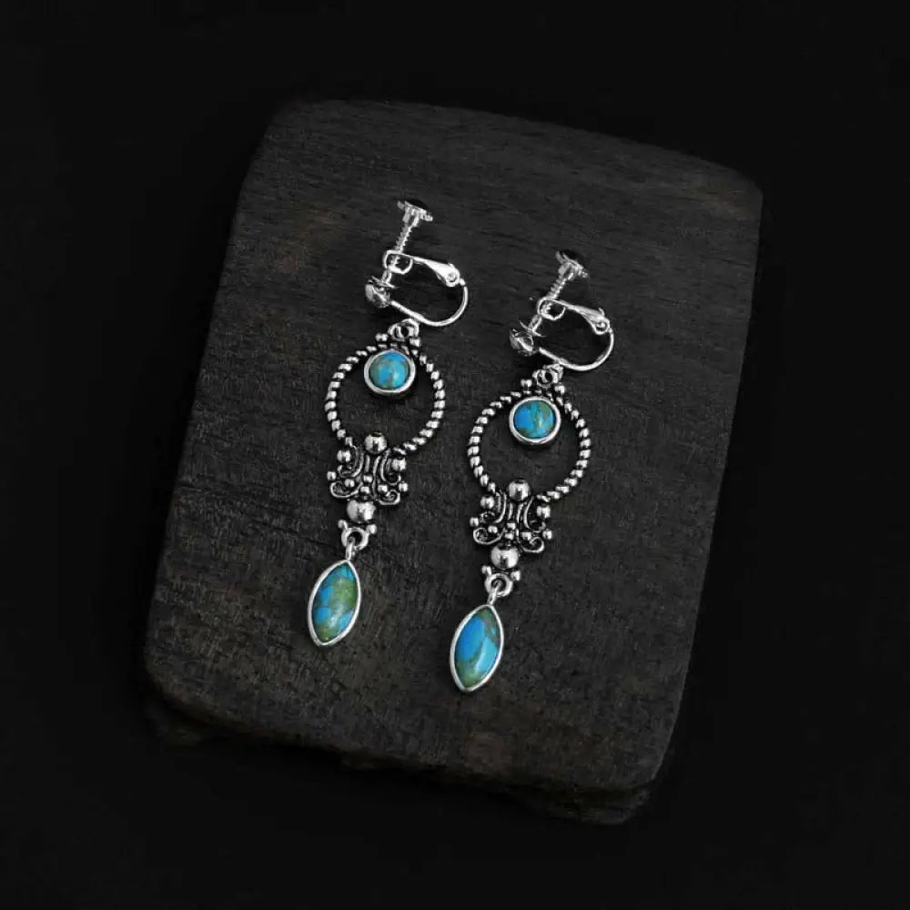 Buddha Stones 925 Sterling Silver Vintage Turquoise Waterdrop Pattern Balance Drop Dangle Earrings - Alloy Turquoise