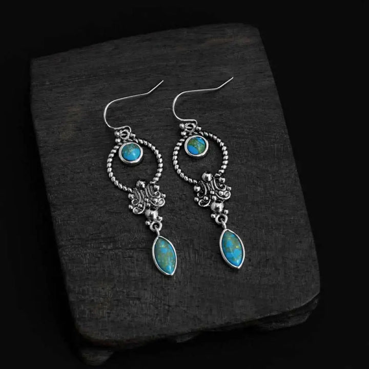 Buddha Stones 925 Sterling Silver Vintage Turquoise Waterdrop Pattern Balance Drop Dangle Earrings - Copper Plated