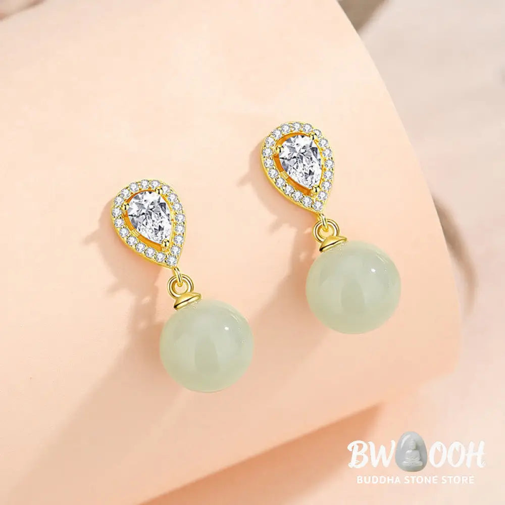 Buddha Stones 925 Sterling Silver Waterdrop Design Hetian Jade Bead Prosperity Earrings - Hetian Jade 925 Sterling