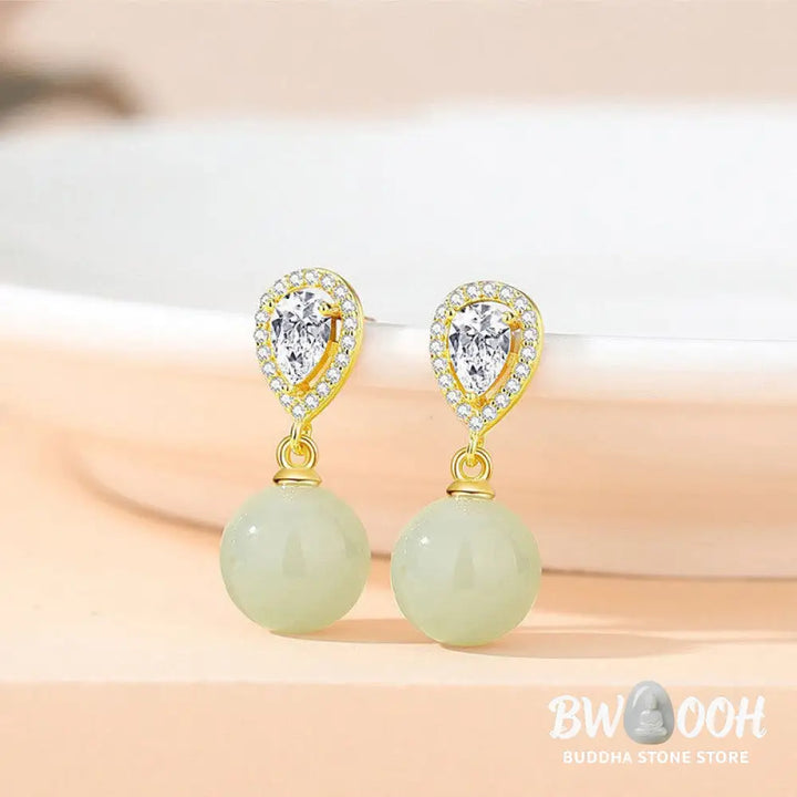 Buddha Stones 925 Sterling Silver Waterdrop Design Hetian Jade Bead Prosperity Earrings - Hetian Jade 925 Sterling