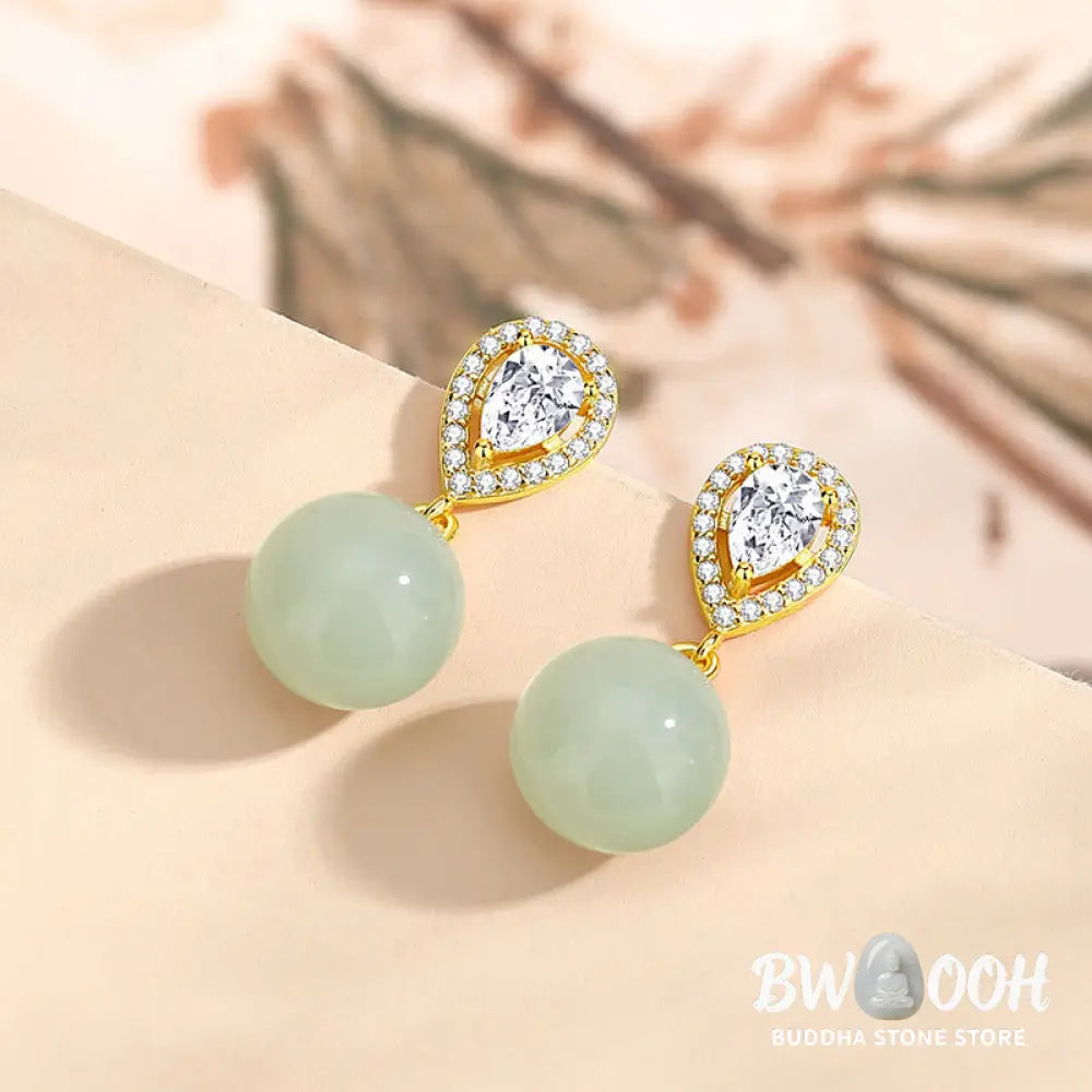 Buddha Stones 925 Sterling Silver Waterdrop Design Hetian Jade Bead Prosperity Earrings - Hetian Jade 925 Sterling