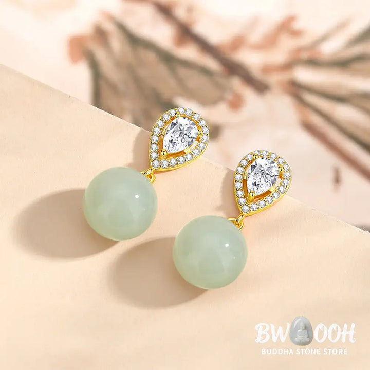 Buddha Stones 925 Sterling Silver Waterdrop Design Hetian Jade Bead Prosperity Earrings - Hetian Jade 925 Sterling
