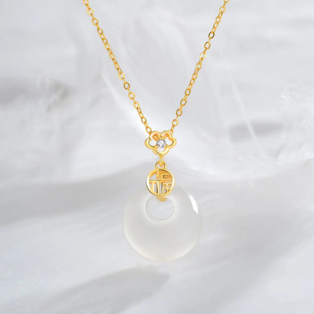 Buddha Stones 925 Sterling Silver White Agate Fu Character Happiness Luck Necklace Pendant - BWOOOH - Gold - Necklaces