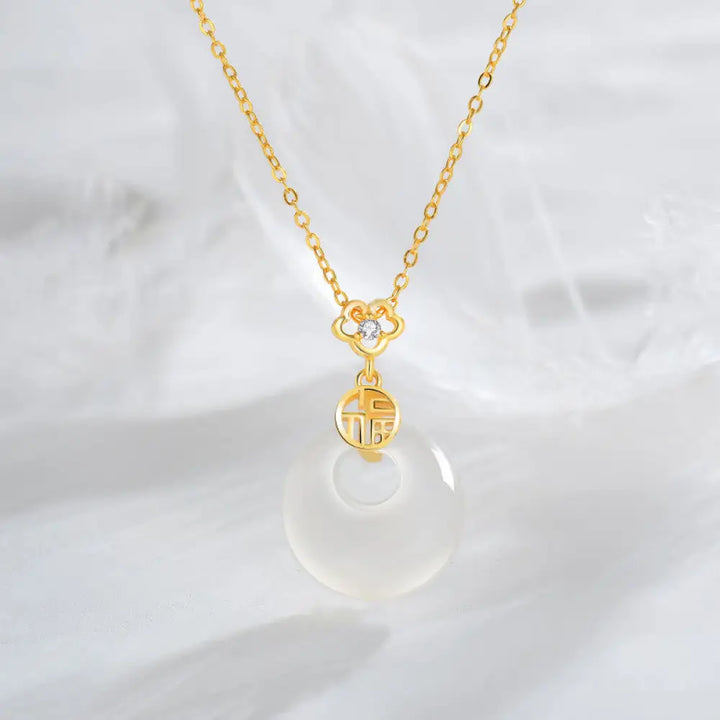 Buddha Stones 925 Sterling Silver White Agate Fu Character Happiness Luck Necklace Pendant - BWOOOH - Gold - Necklaces
