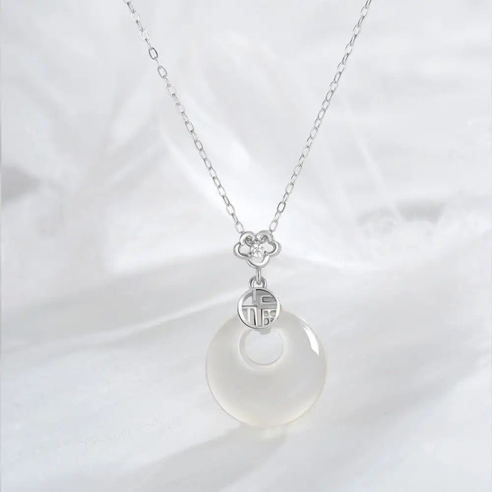 Buddha Stones 925 Sterling Silver White Agate Fu Character Happiness Luck Necklace Pendant - BWOOOH - Silver
