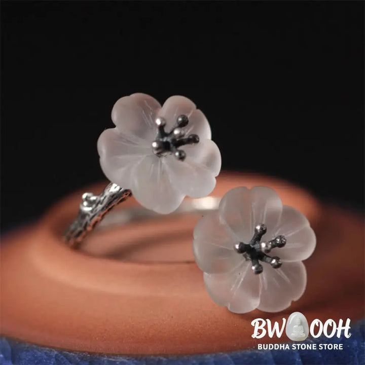 Buddha Stones 925 Sterling Silver White Crystal Double Plum Blossom Flower Adjustable Protection Ring - Ring