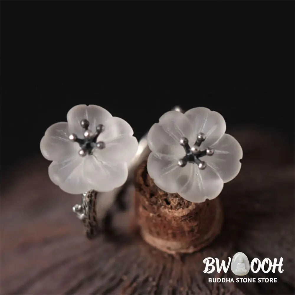 Buddha Stones 925 Sterling Silver White Crystal Double Plum Blossom Flower Adjustable Protection Ring - Ring