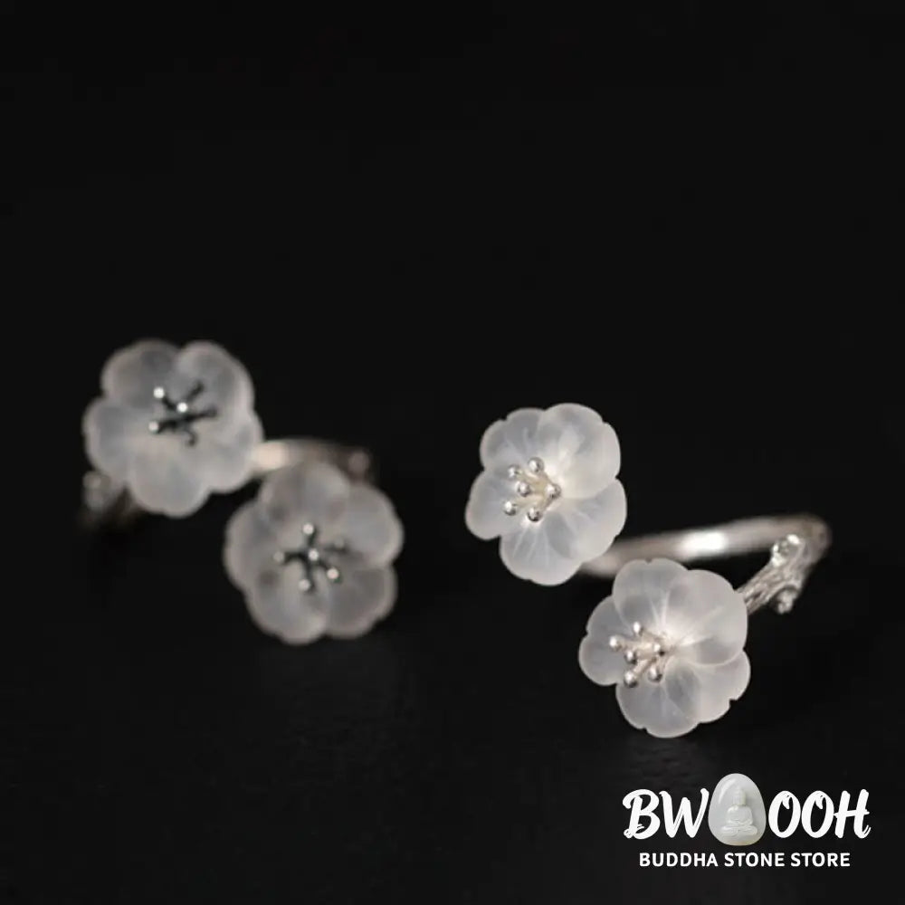 Buddha Stones 925 Sterling Silver White Crystal Double Plum Blossom Flower Adjustable Protection Ring - Ring