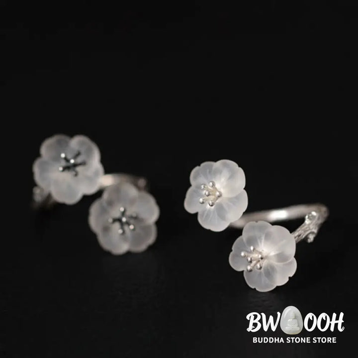 Buddha Stones 925 Sterling Silver White Crystal Double Plum Blossom Flower Adjustable Protection Ring - Ring