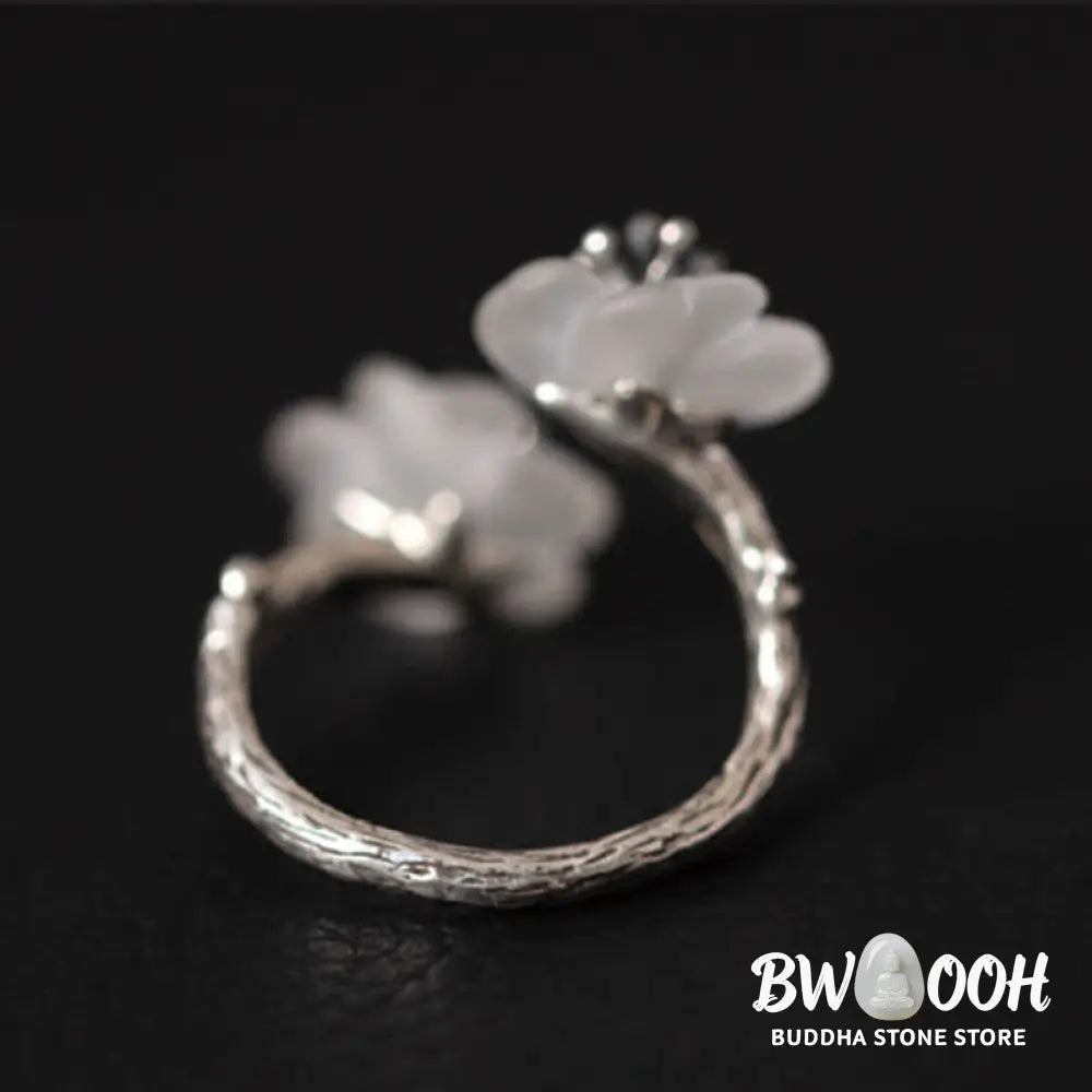 Buddha Stones 925 Sterling Silver White Crystal Double Plum Blossom Flower Adjustable Protection Ring - Ring