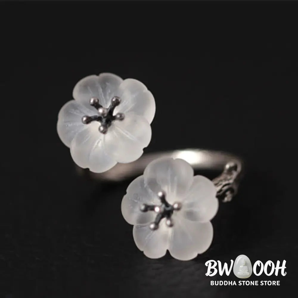 Buddha Stones 925 Sterling Silver White Crystal Double Plum Blossom Flower Adjustable Protection Ring - Ring