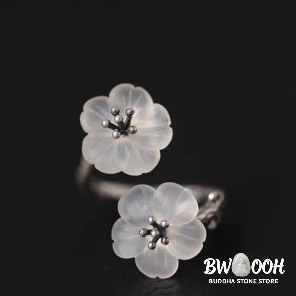 Buddha Stones 925 Sterling Silver White Crystal Double Plum Blossom Flower Adjustable Protection Ring - Ring