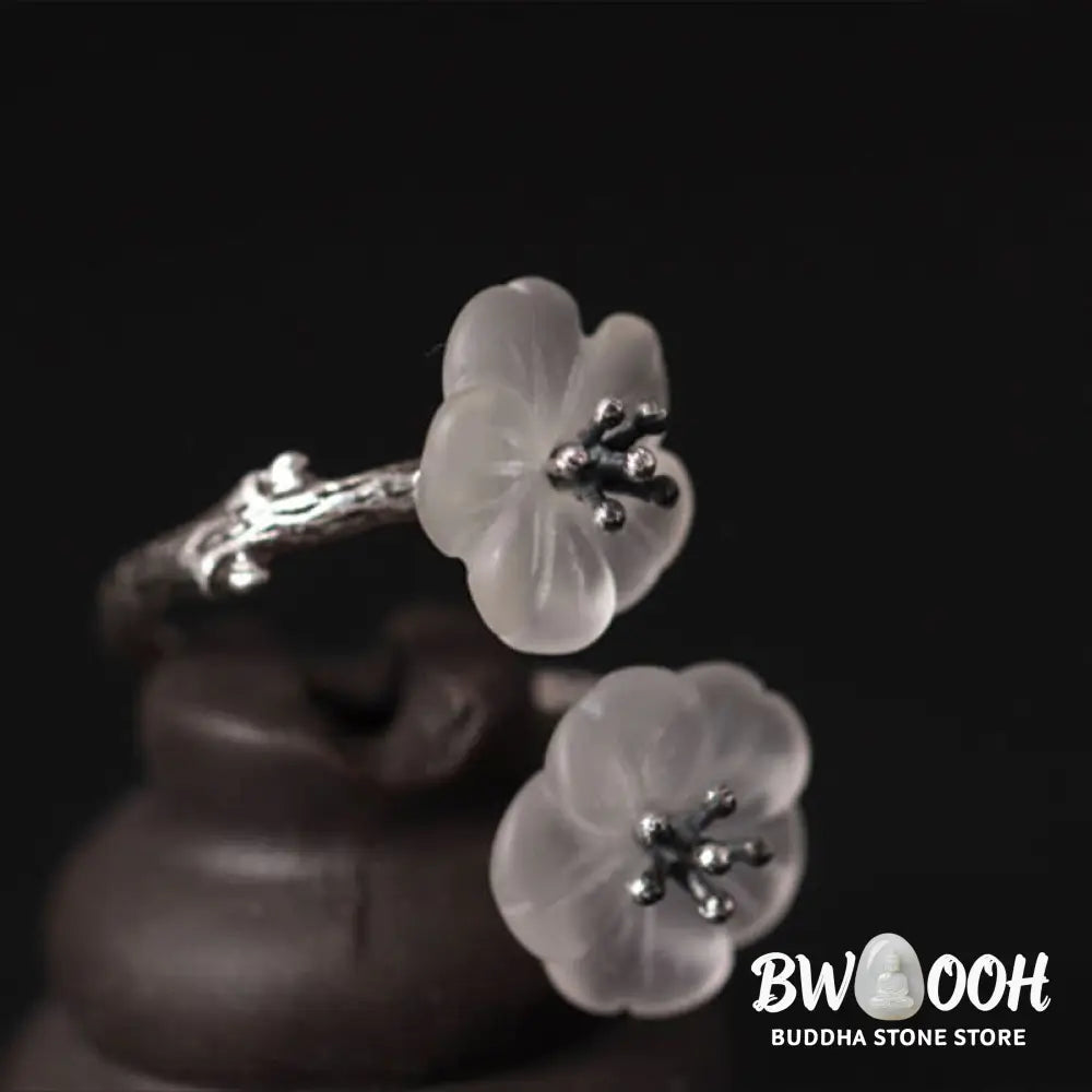Buddha Stones 925 Sterling Silver White Crystal Double Plum Blossom Flower Adjustable Protection Ring - Ring