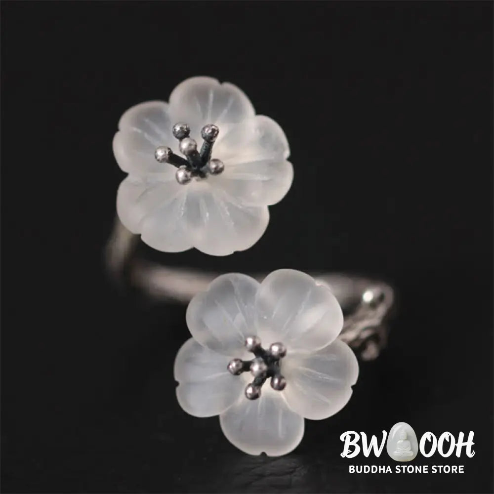Buddha Stones 925 Sterling Silver White Crystal Double Plum Blossom Flower Adjustable Protection Ring - Ring