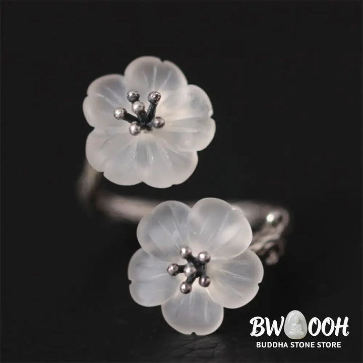 Buddha Stones 925 Sterling Silver White Crystal Double Plum Blossom Flower Adjustable Protection Ring - Ring