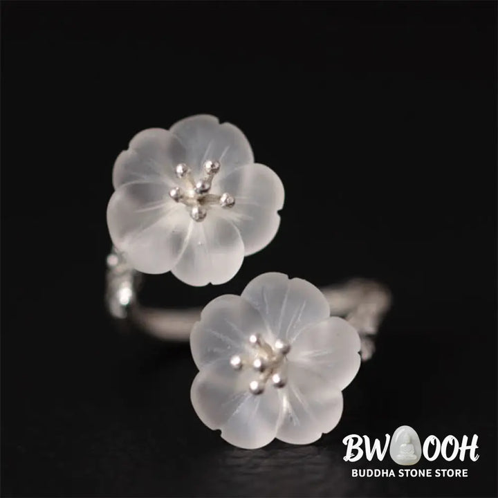 Buddha Stones 925 Sterling Silver White Crystal Double Plum Blossom Flower Adjustable Protection Ring - Ring
