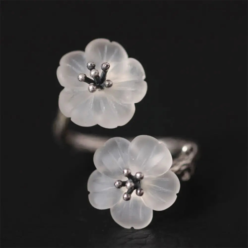 Buddha Stones 925 Sterling Silver White Crystal Double Plum Blossom Flower Adjustable Protection Ring - Retro