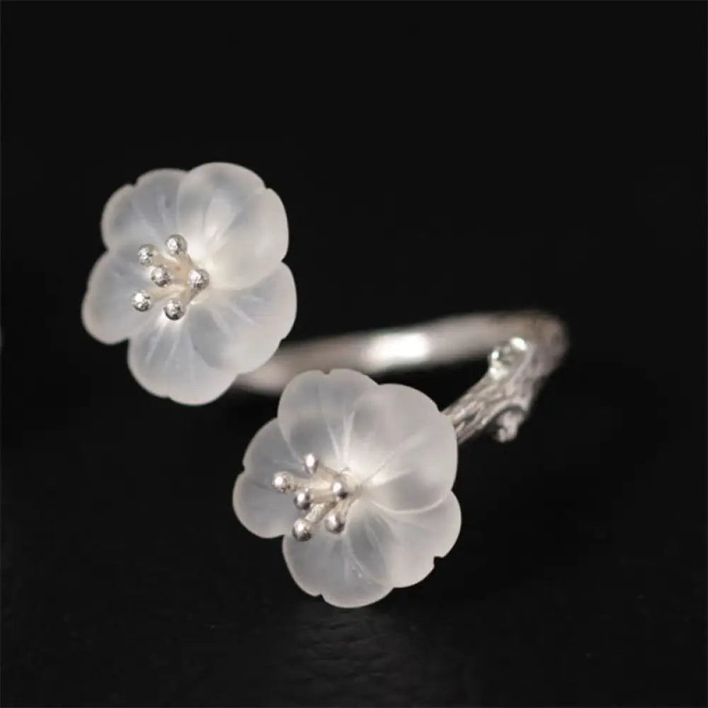 BWOOOH 925 Sterling Silver White Crystal Double Plum Blossom Flower Adjustable Protection Ring — Sterling Silver crystal h...