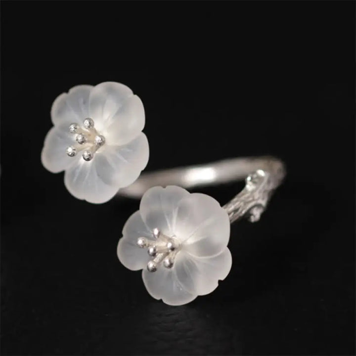 BWOOOH 925 Sterling Silver White Crystal Double Plum Blossom Flower Adjustable Protection Ring — Sterling Silver crystal h...