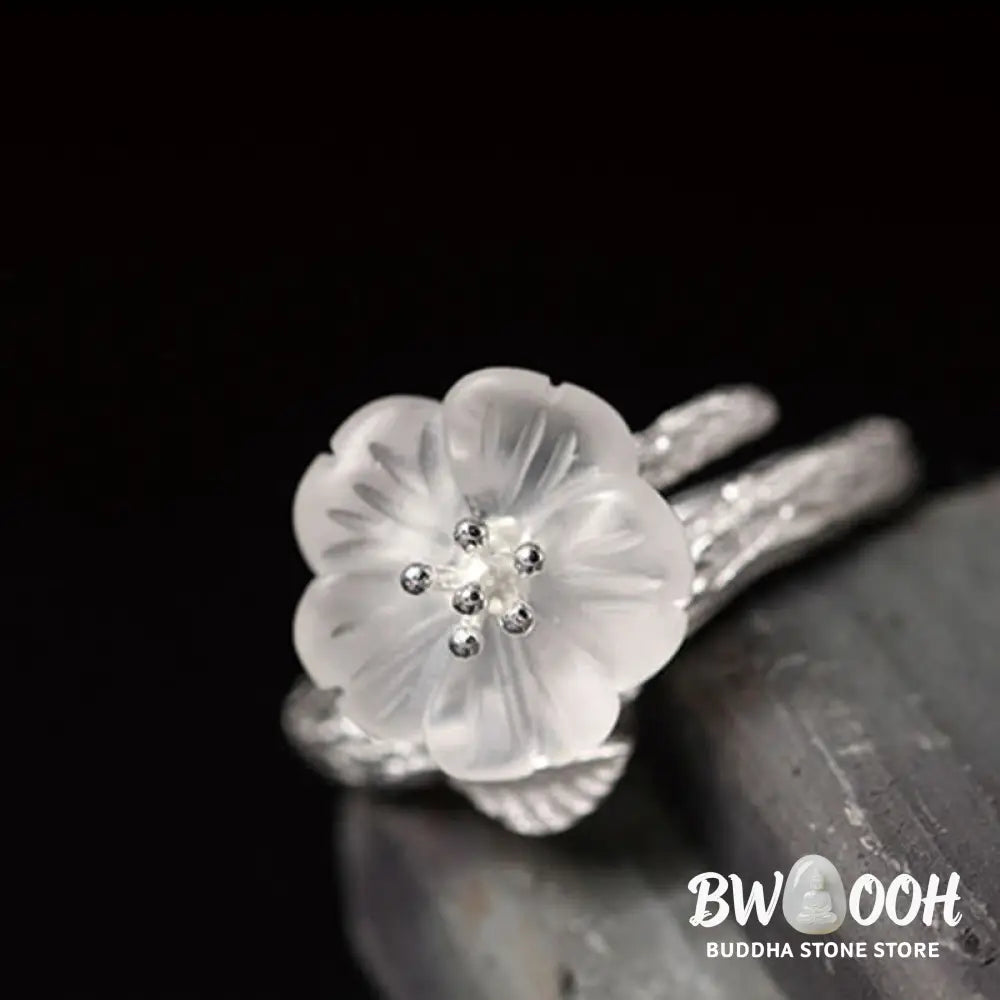 Buddha Stones 925 Sterling Silver White Crystal Skeleton Flower Adjustable Healing Ring - Ring