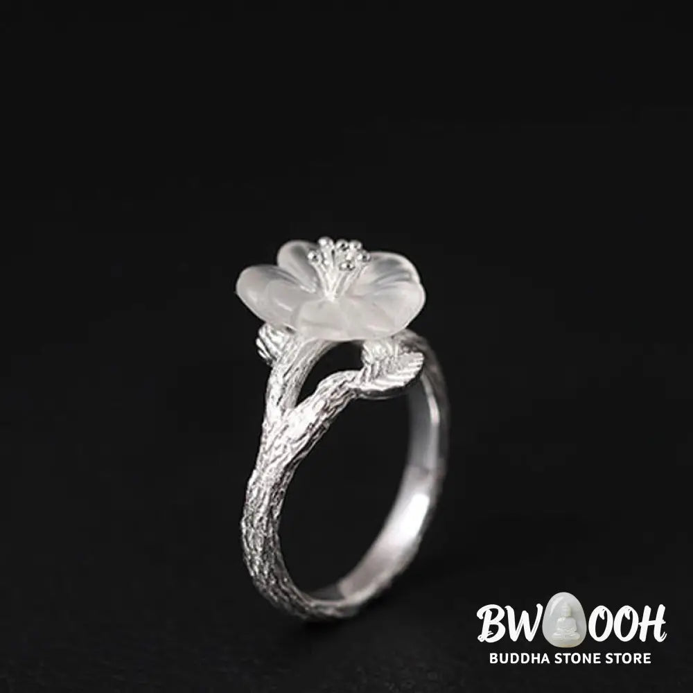 Buddha Stones 925 Sterling Silver White Crystal Skeleton Flower Adjustable Healing Ring - Ring