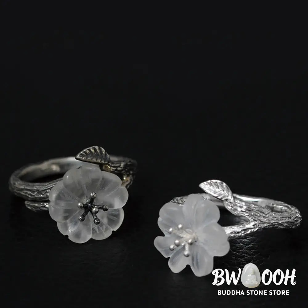 Buddha Stones 925 Sterling Silver White Crystal Skeleton Flower Adjustable Healing Ring - Ring