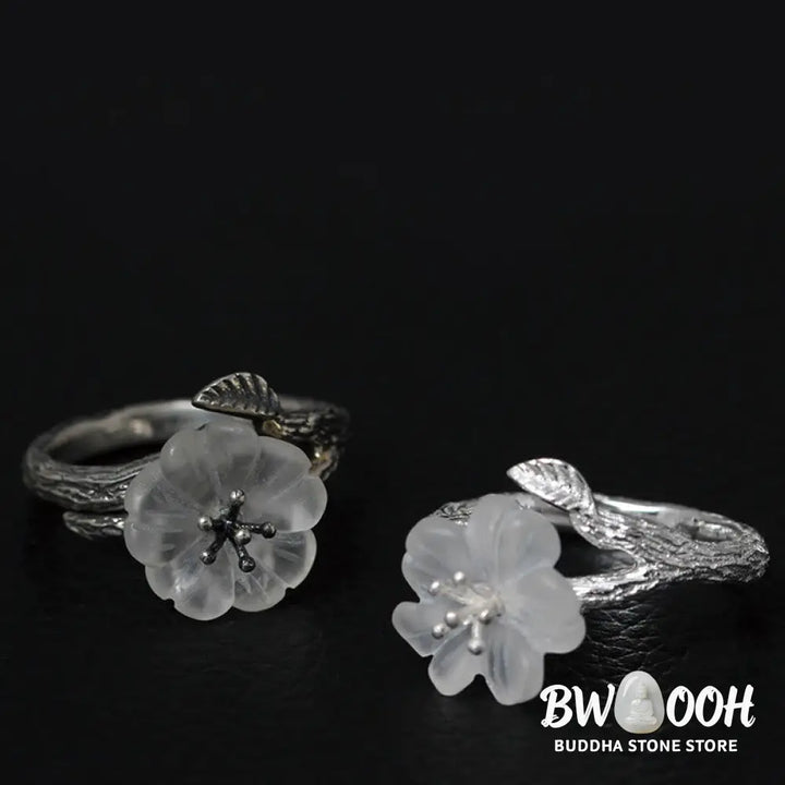Buddha Stones 925 Sterling Silver White Crystal Skeleton Flower Adjustable Healing Ring - Ring