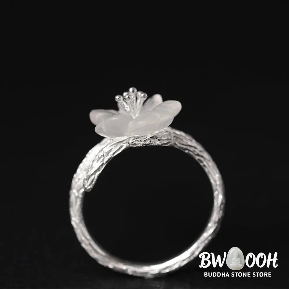 Buddha Stones 925 Sterling Silver White Crystal Skeleton Flower Adjustable Healing Ring - Ring