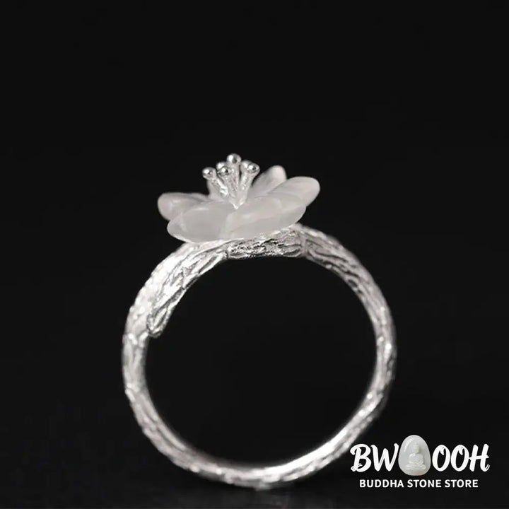 Buddha Stones 925 Sterling Silver White Crystal Skeleton Flower Adjustable Healing Ring - Ring