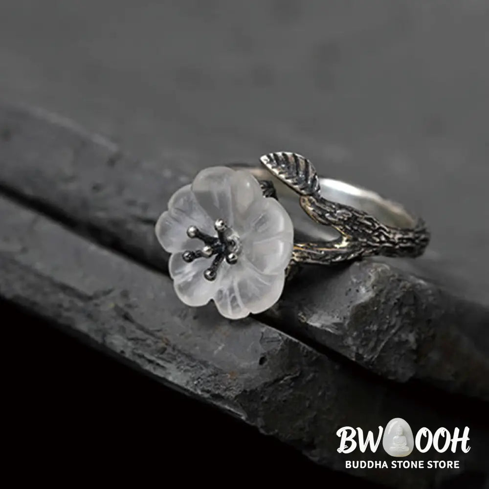 Buddha Stones 925 Sterling Silver White Crystal Skeleton Flower Adjustable Healing Ring - Ring