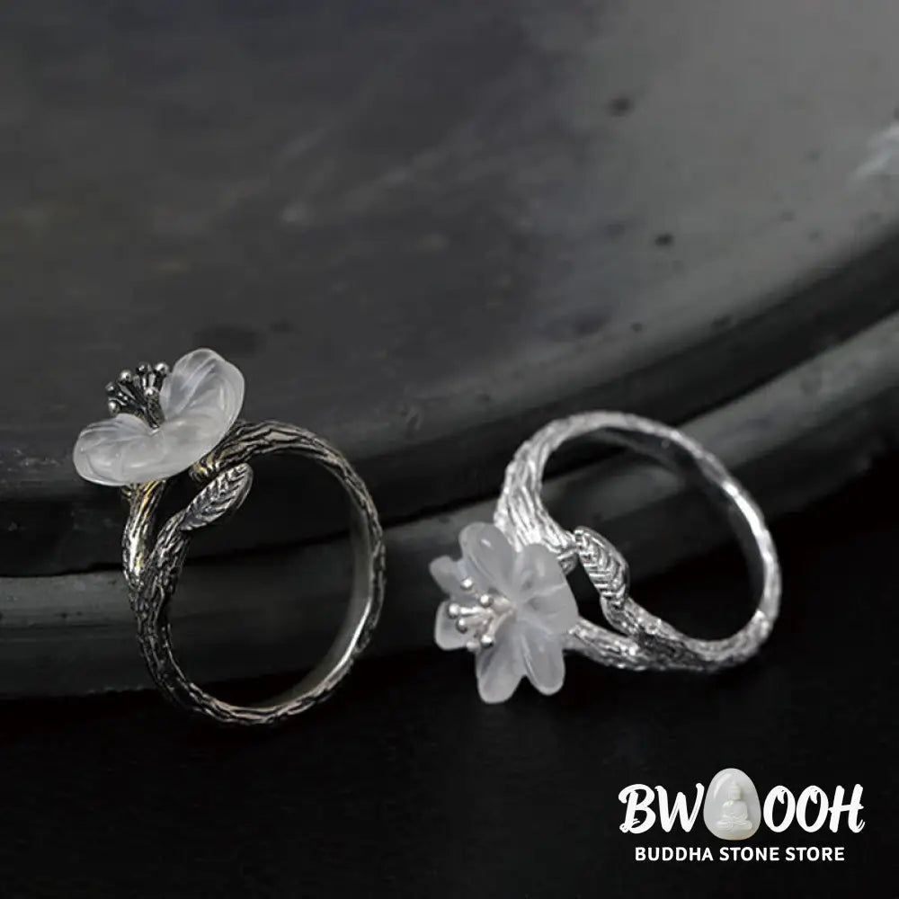 Buddha Stones 925 Sterling Silver White Crystal Skeleton Flower Adjustable Healing Ring - Ring