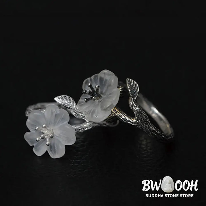 Buddha Stones 925 Sterling Silver White Crystal Skeleton Flower Adjustable Healing Ring - Ring