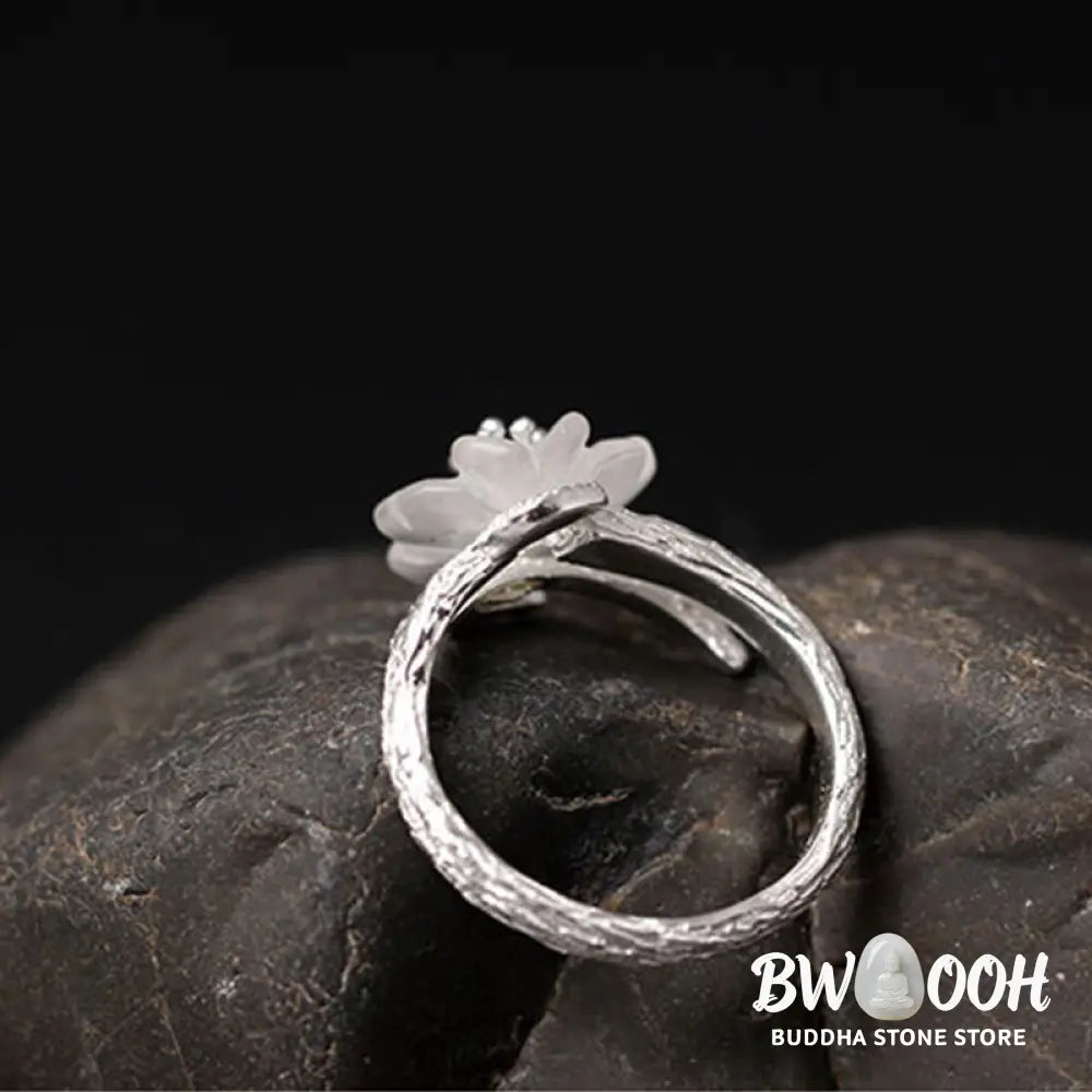 Buddha Stones 925 Sterling Silver White Crystal Skeleton Flower Adjustable Healing Ring - Ring