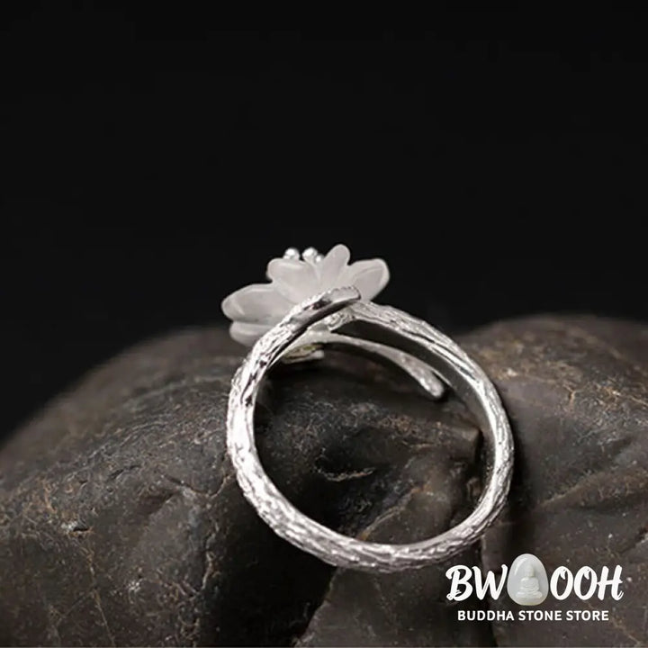 Buddha Stones 925 Sterling Silver White Crystal Skeleton Flower Adjustable Healing Ring - Ring
