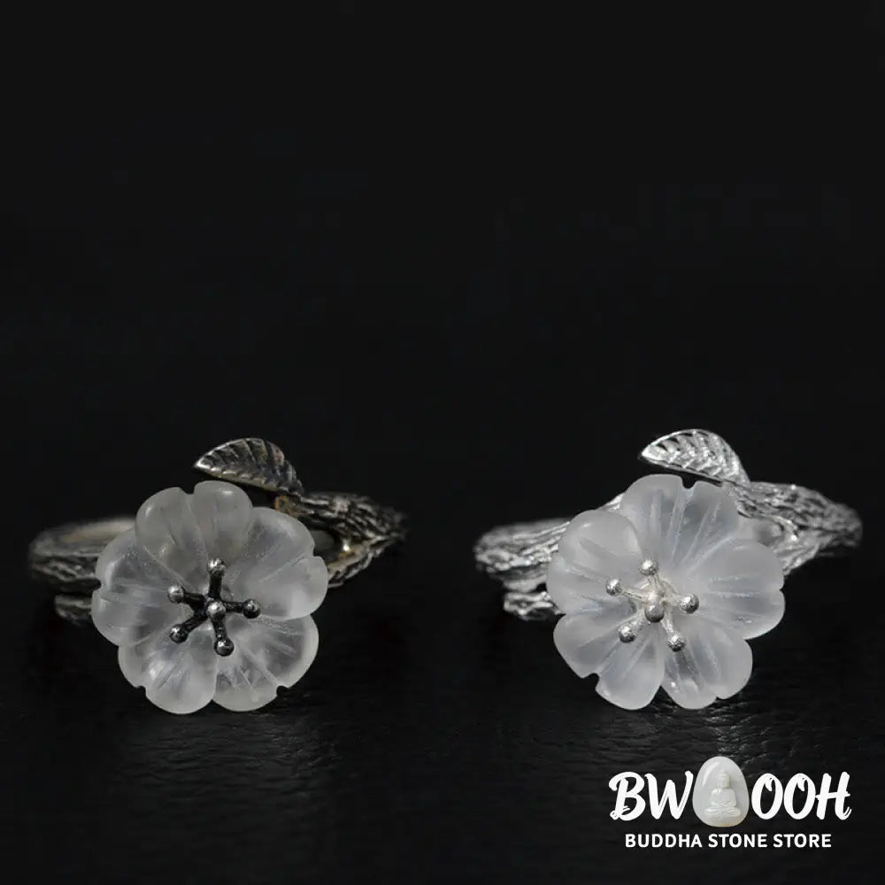 Buddha Stones 925 Sterling Silver White Crystal Skeleton Flower Adjustable Healing Ring - Ring