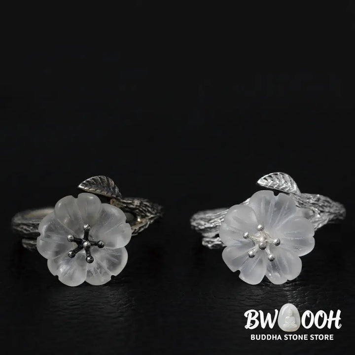 Buddha Stones 925 Sterling Silver White Crystal Skeleton Flower Adjustable Healing Ring - Ring
