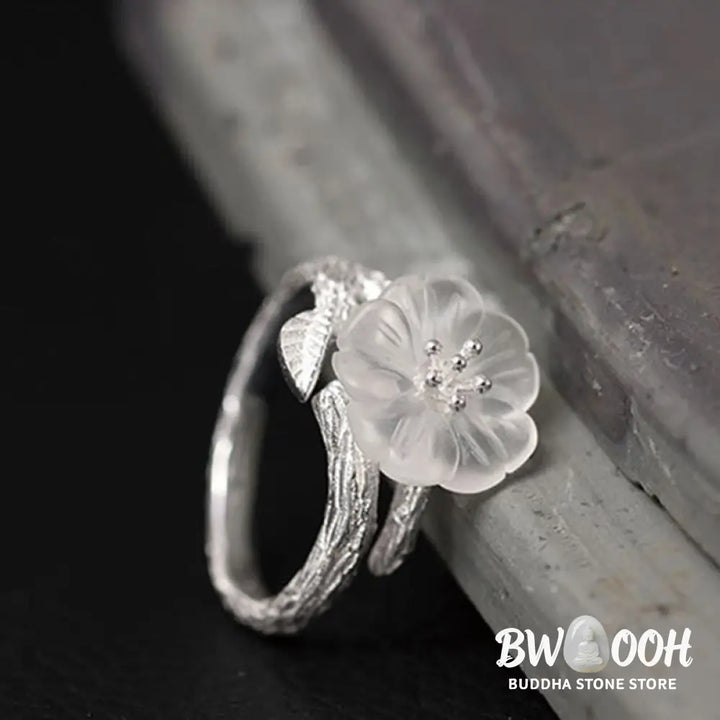 Buddha Stones 925 Sterling Silver White Crystal Skeleton Flower Adjustable Healing Ring - Ring