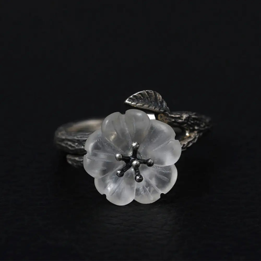 Buddha Stones 925 Sterling Silver White Crystal Skeleton Flower Adjustable Healing Ring - Retro Style(Inner Diameter