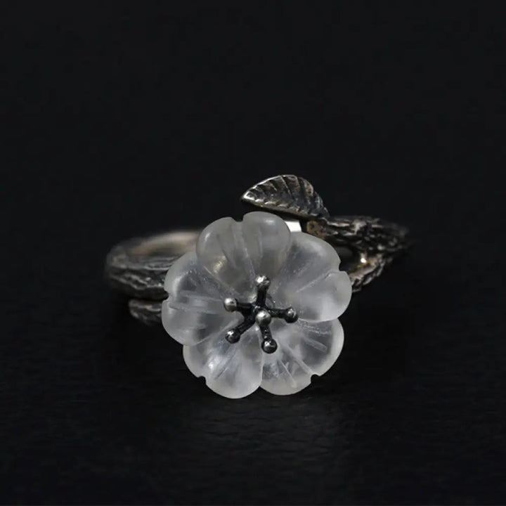 Buddha Stones 925 Sterling Silver White Crystal Skeleton Flower Adjustable Healing Ring - Retro Style(Inner Diameter