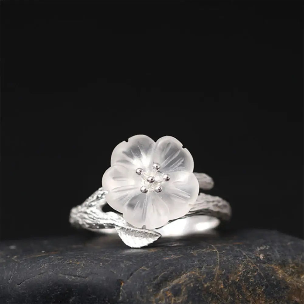BWOOOH 925 Sterling Silver White Crystal Skeleton Flower Adjustable Healing Ring — Sterling Silver crystal healing bracele...