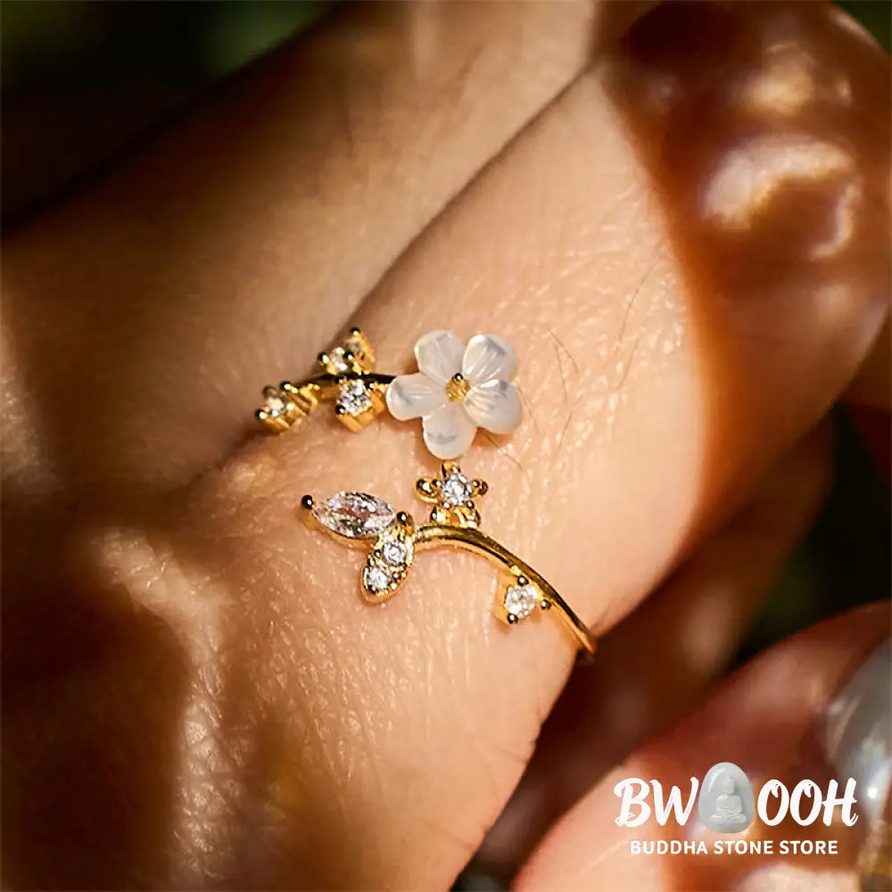 Buddha Stones 925 Sterling Silver White Flower Design Adjustable Blessing Ring - Ring