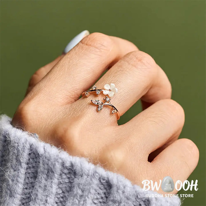 Buddha Stones 925 Sterling Silver White Flower Design Adjustable Blessing Ring - Ring