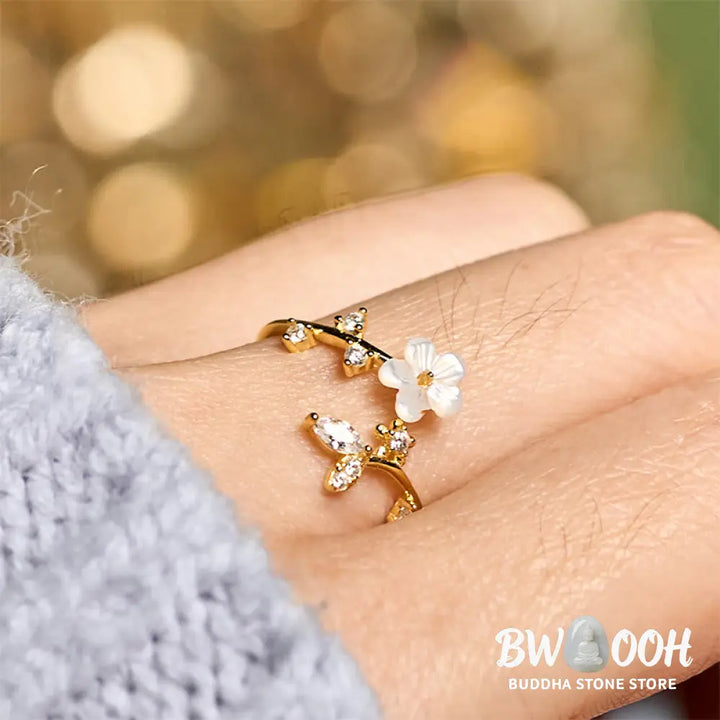 Buddha Stones 925 Sterling Silver White Flower Design Adjustable Blessing Ring - Ring