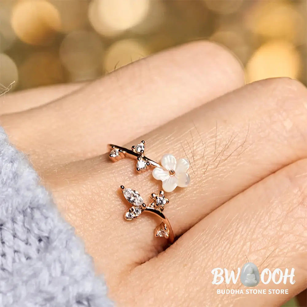 Buddha Stones 925 Sterling Silver White Flower Design Adjustable Blessing Ring - Ring