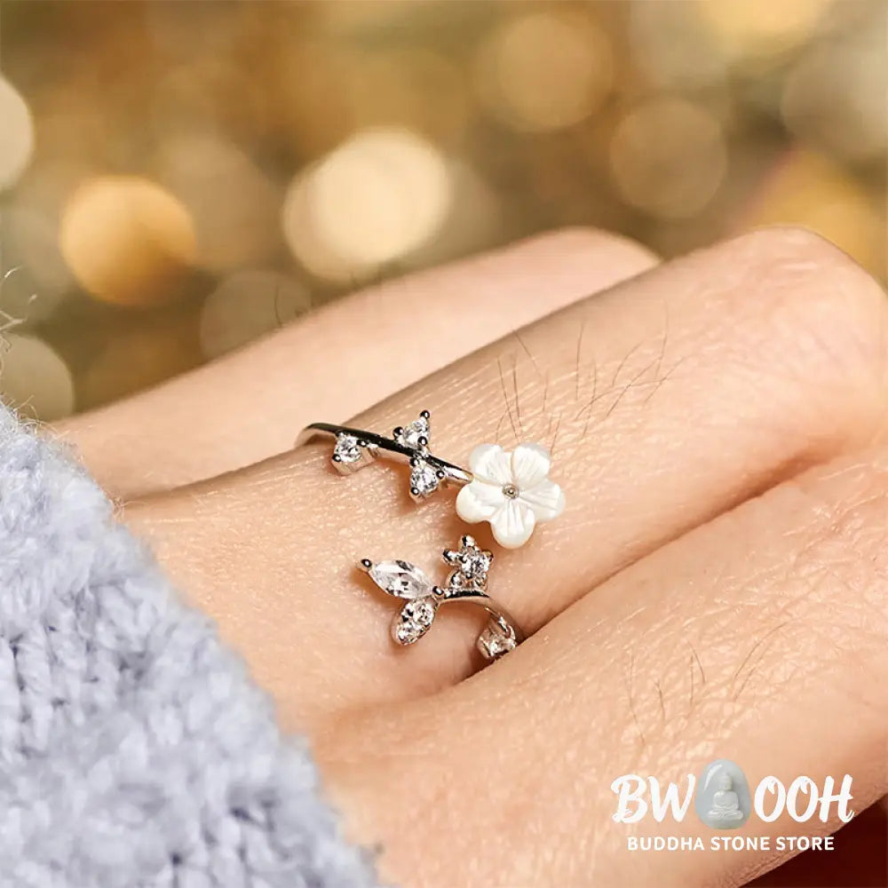 Buddha Stones 925 Sterling Silver White Flower Design Adjustable Blessing Ring - Ring